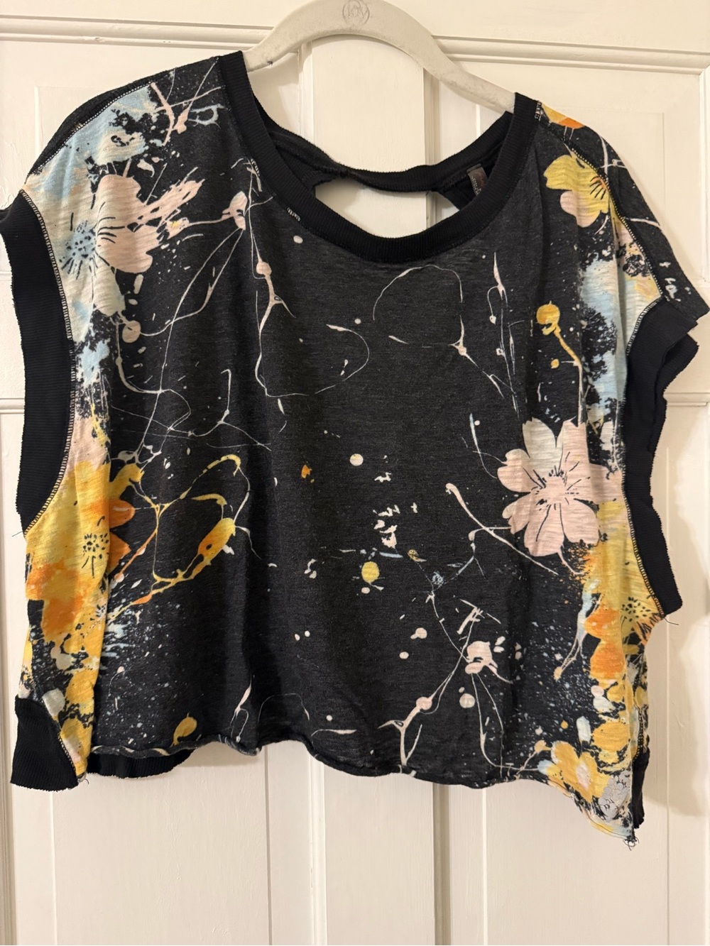FP Movement by Free People Black Cropped Tee with Yellow & Pink Floral Splash